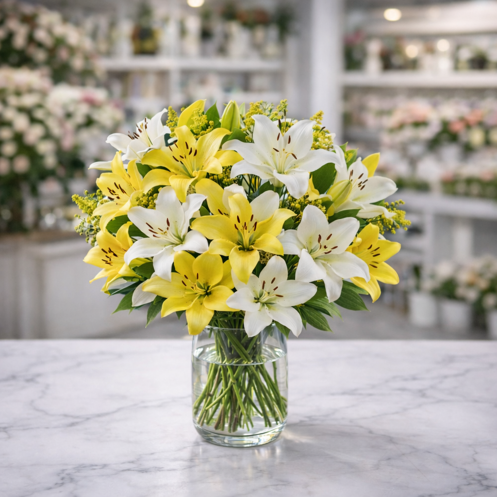yellow and white lilies Yellow & White Lily in a Vase – 5 Star Flower