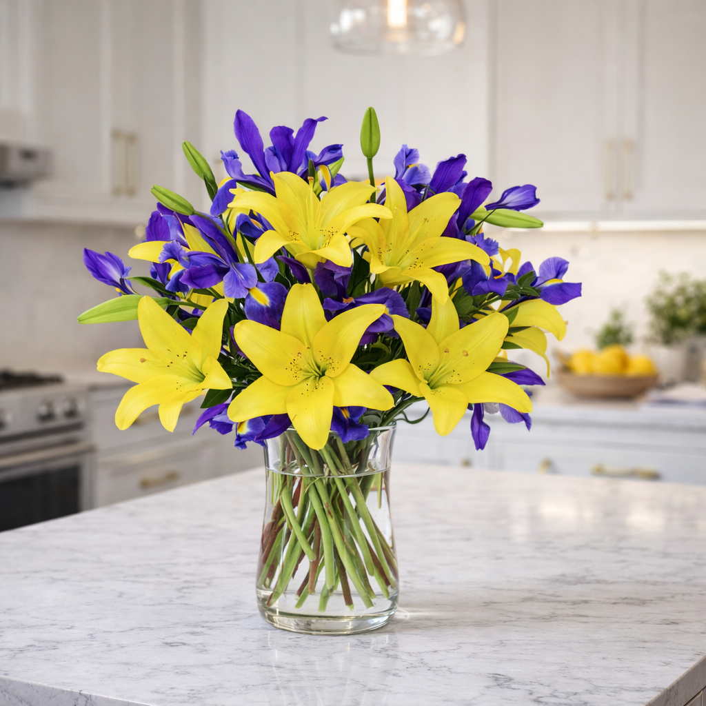 Irises & Yellow Lilies