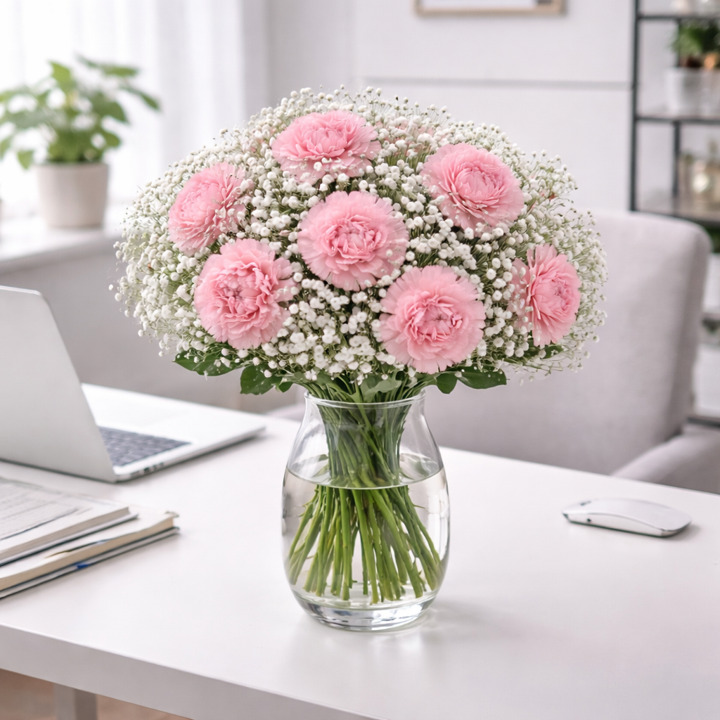 Pink Carnation & Baby's Breath Vase