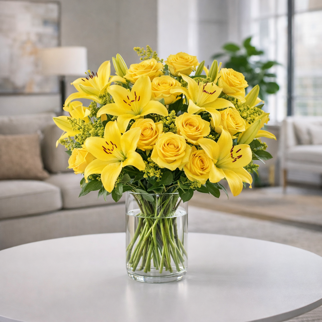 Yellow Lilies & Roses in a Vase
