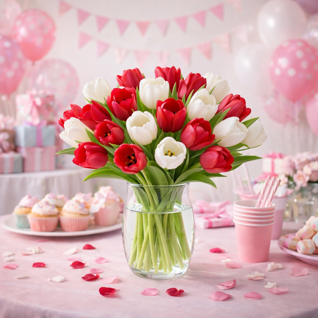White & Red Tulips in Vase