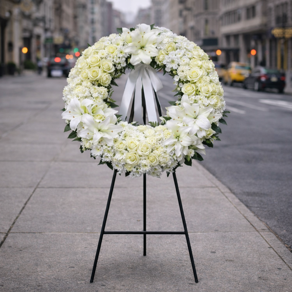 The FTD Wreath of Remembrance- White Ribbon