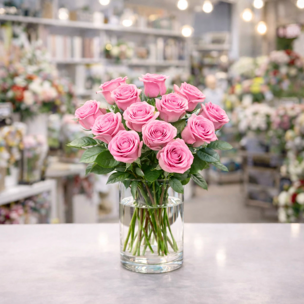 Pink Elegance Roses in a Vase