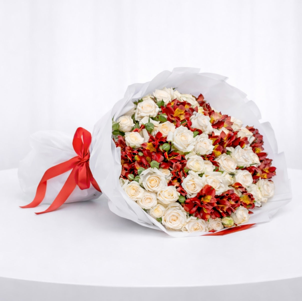 White Roses & Red Alstroemeria Bouquet