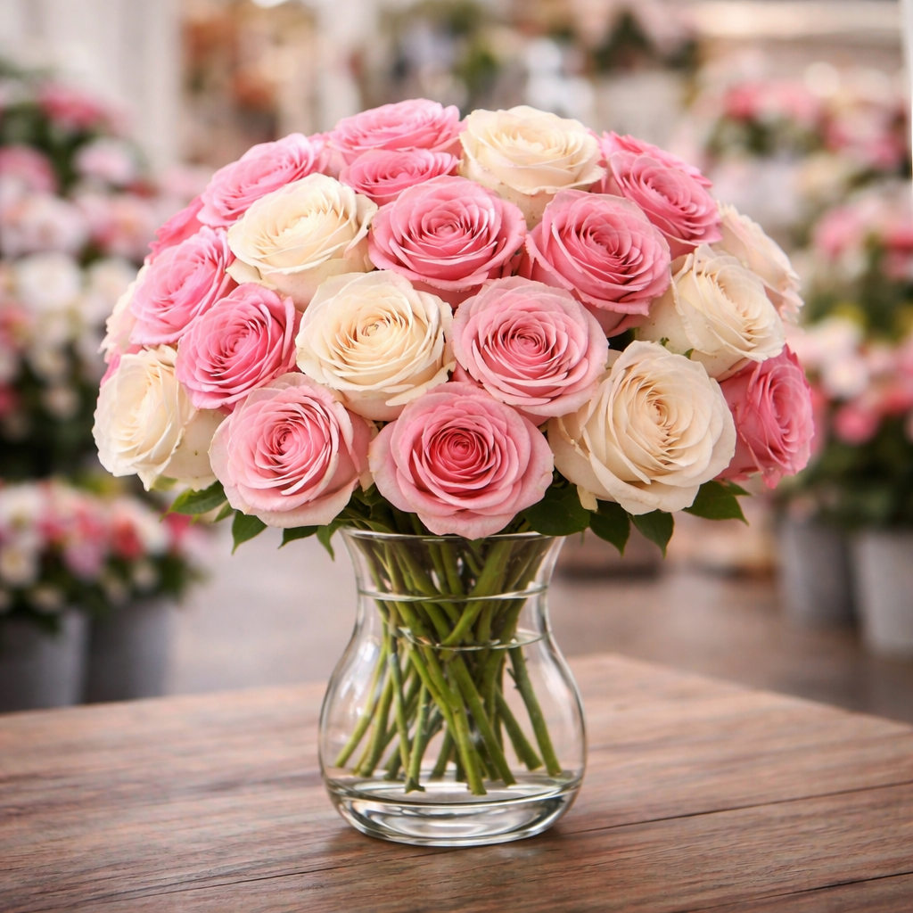Blush & Ivory Roses in a Vase