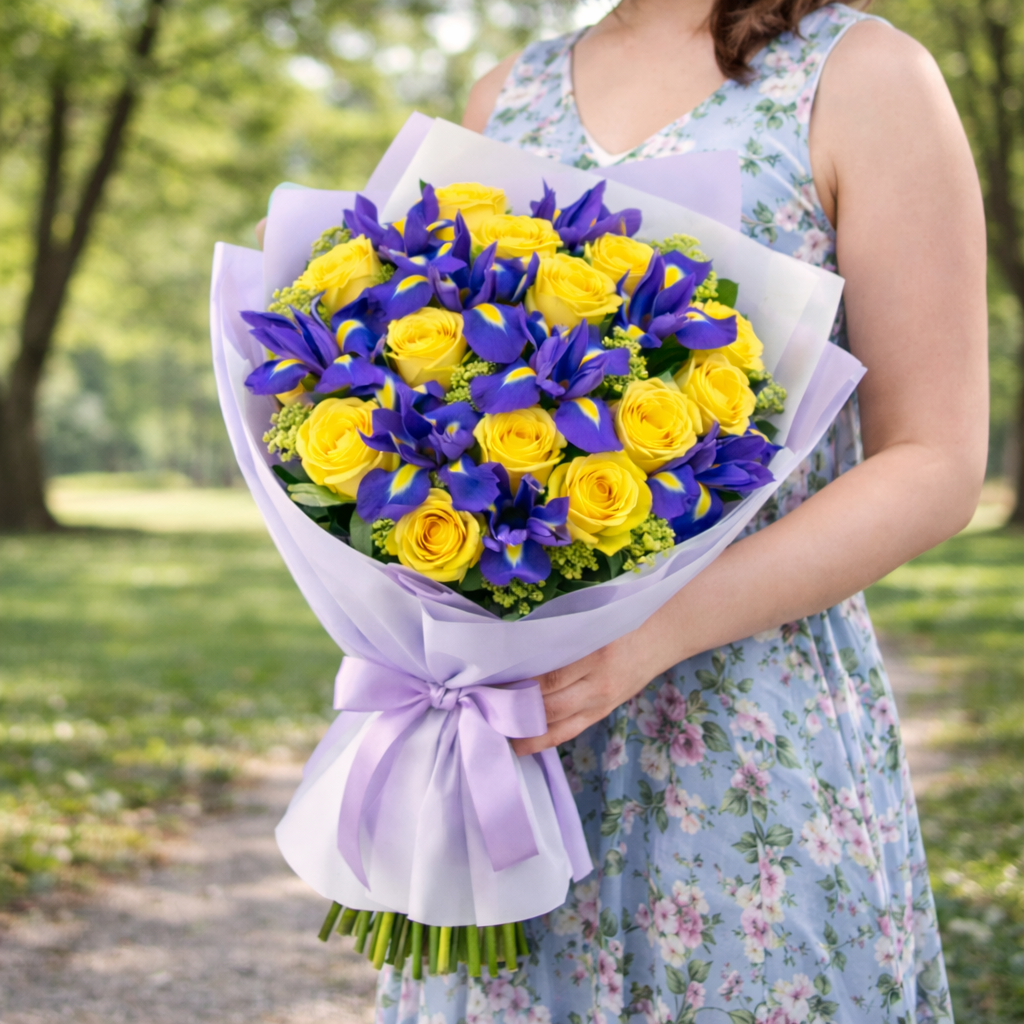 Irises & Yellow Roses
