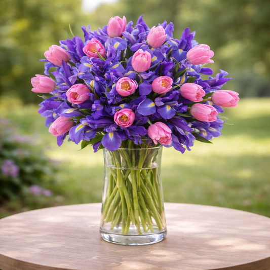 Pink Tulips & Irises in a Vase