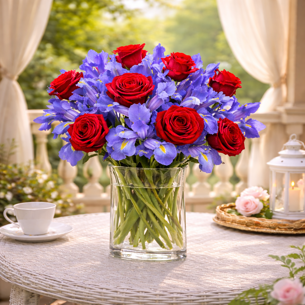 Red Roses & Irises Vase