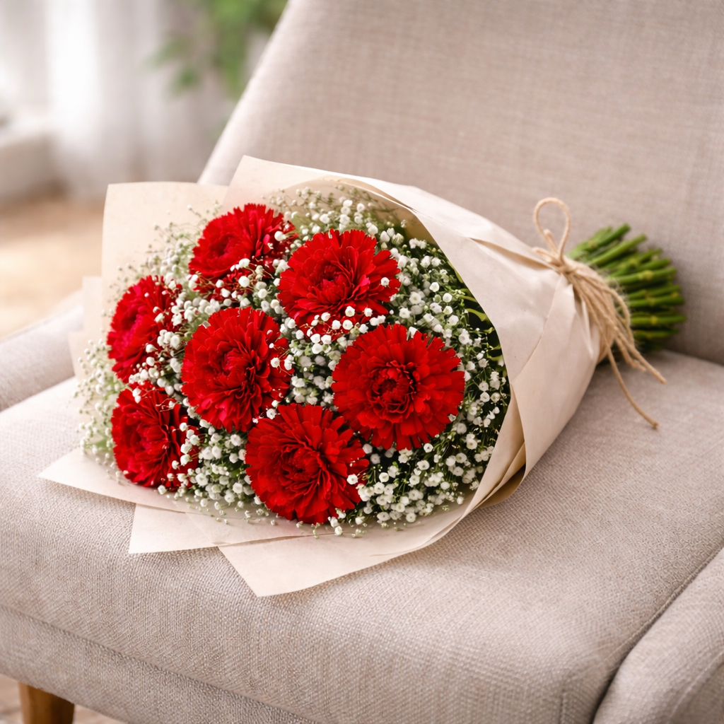 Red Carnation & Baby's Breath Bouquet