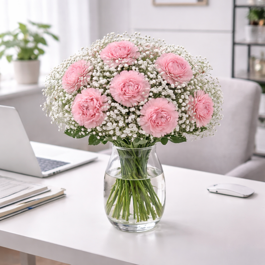 Pink Carnation & Baby's Breath Vase