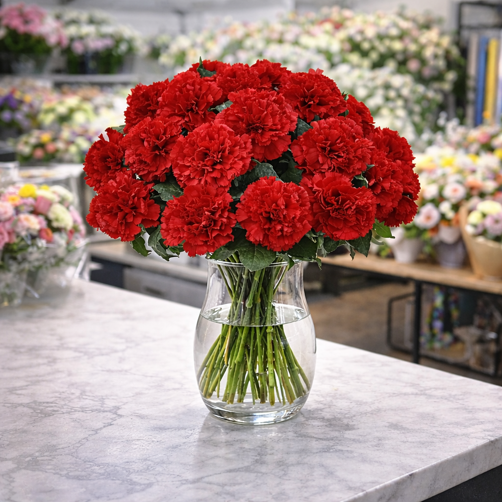 Red Carnations in Vase