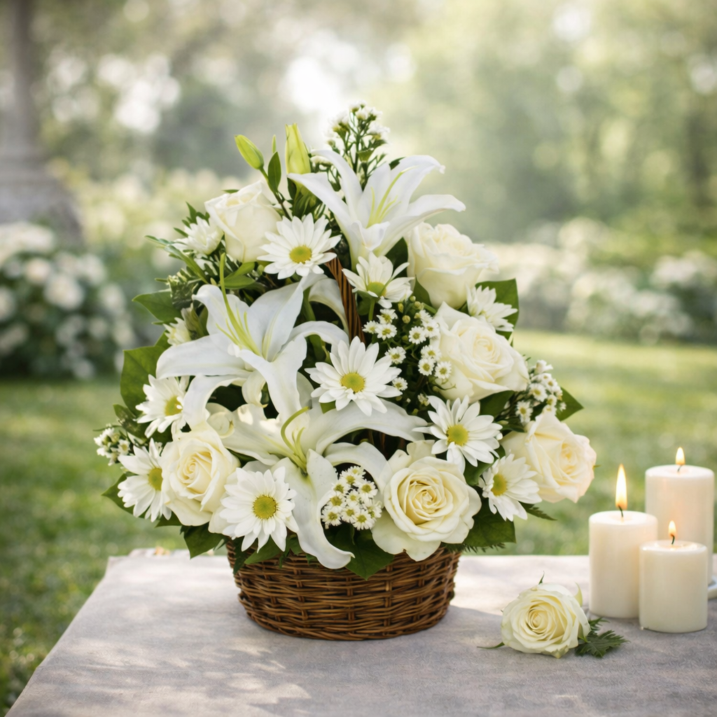 peaceful white lilies basket Peaceful White Flowers Basket – 5 Star Flower
