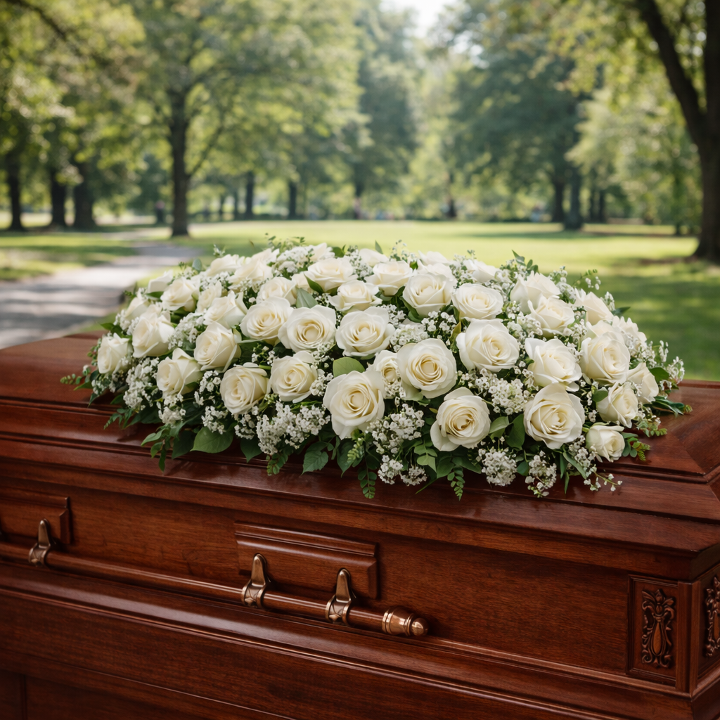 White Rose Half Casket Cover – 5 Star Flower