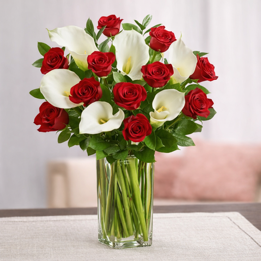 Red Roses & White Cala Lily Vase