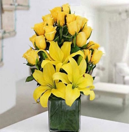 Yellow Lilies & Roses in a Vase