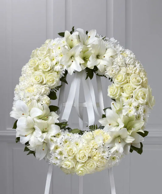 The FTD Wreath of Remembrance- White Ribbon