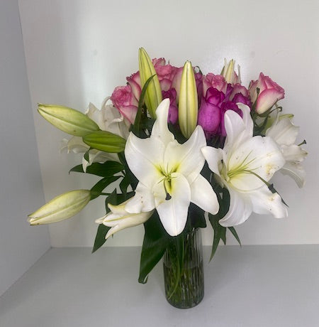 Lily & Blush roses in vase