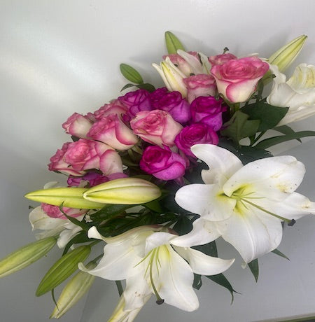 Lily & Blush roses in vase