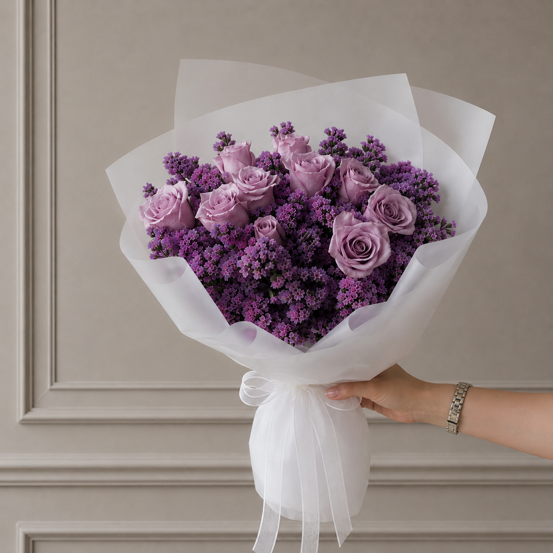 lavender statice flower Lavender Rose & Statice Bouquet – 5 Star Flower