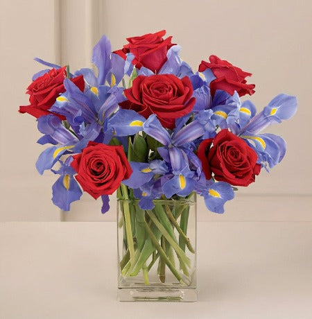 Red Roses & Irises Vase