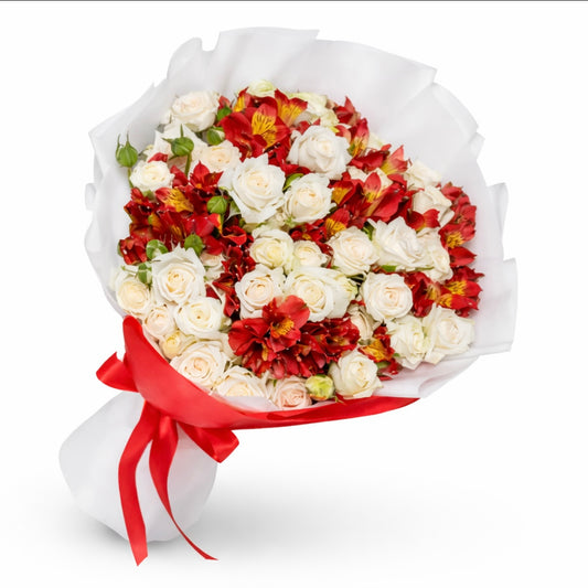 White Roses & Red Alstroemeria Bouquet