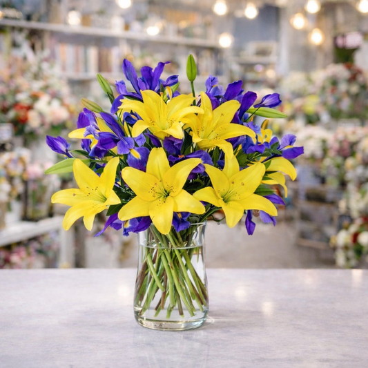 Irises & Yellow Lilies