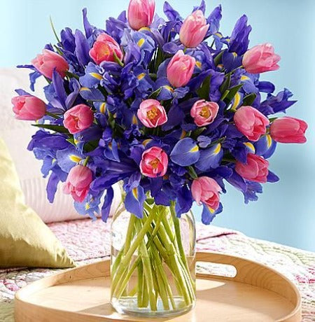 Pink Tulips & Irises in a Vase