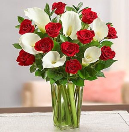 Red Roses & White Cala Lily Vase